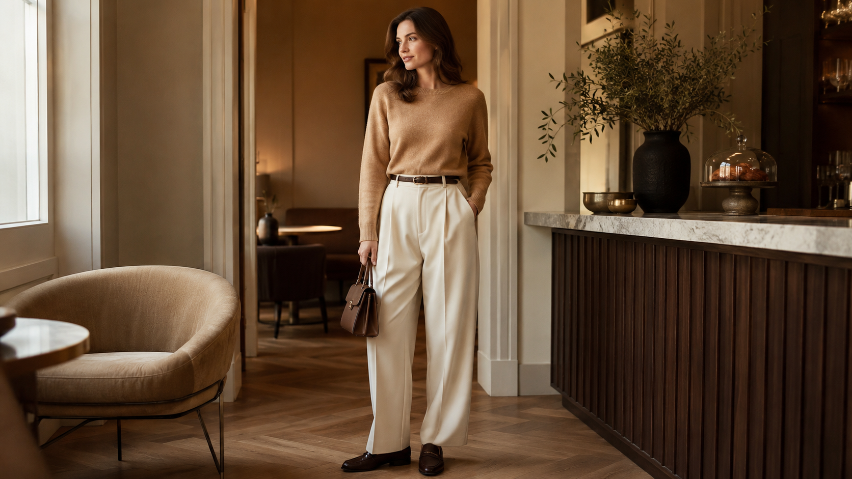Wide-Leg Trousers + Cashmere-Style Knit Quiet Luxury Fall Outfits 2026